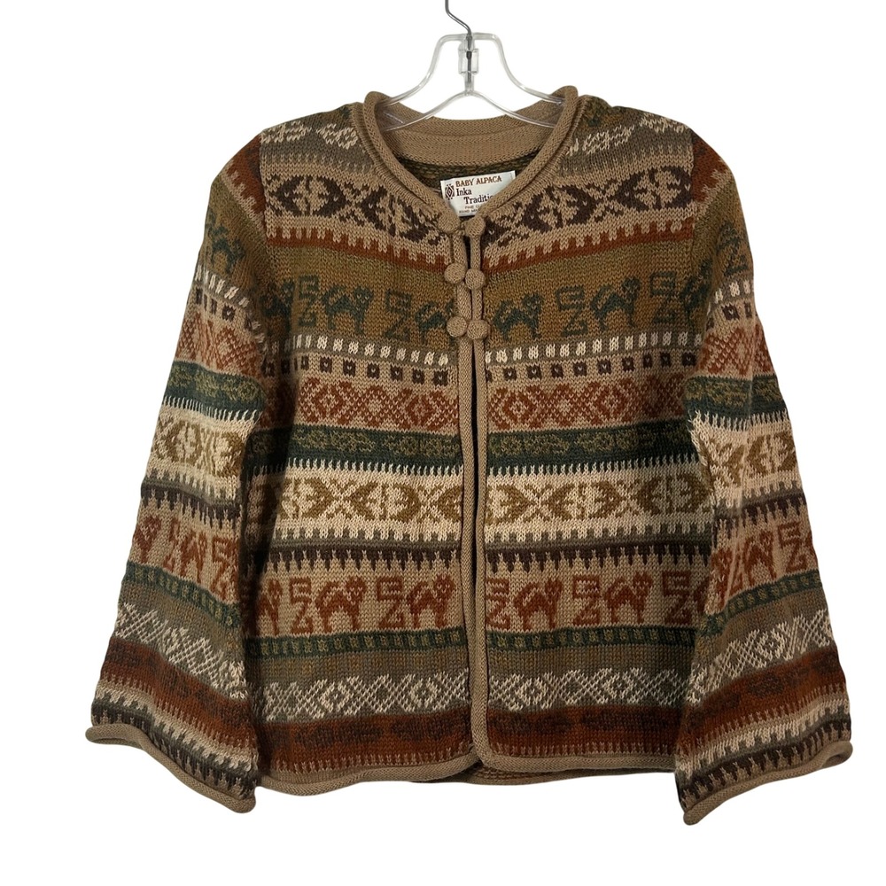 Inka Tradition Baby Alpaca Hand Made Peru Fair Isle Llama Knit Cardigan Sweater